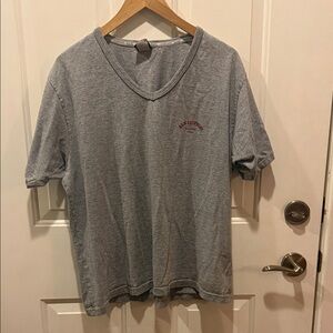 Gray V-Neck T-Shirt with Red BUM Equipment Logo
